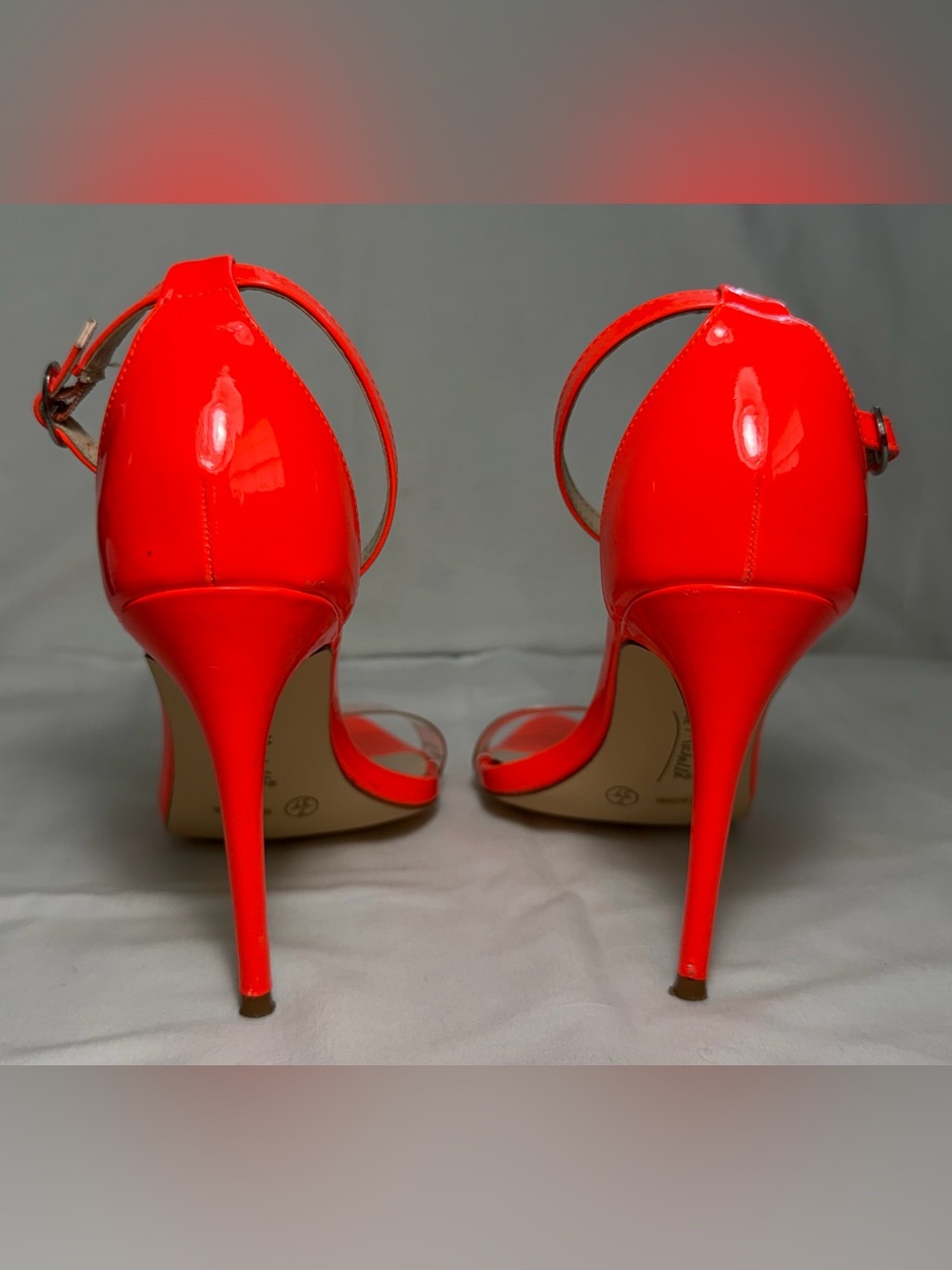 Women’s Neon Orange Ankle-Strap Clear Band High Heel Sandals - Picture 3 of 6